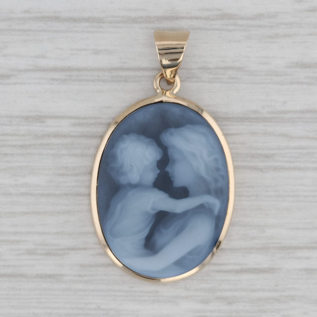 Gray Black White Agate Mother Holding Child Pendant 14k Yellow Gold