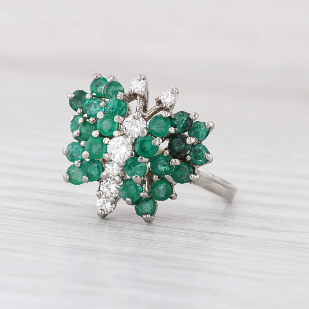 1,25ctw Emerald Diamond Cluster Butterfly Ring 14k White Gold Cocktail Size 7.75