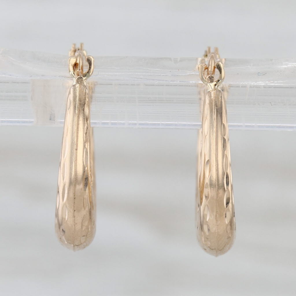 Etched Hoop Earrings 14k Yellow Gold Snap Top Round Hoops
