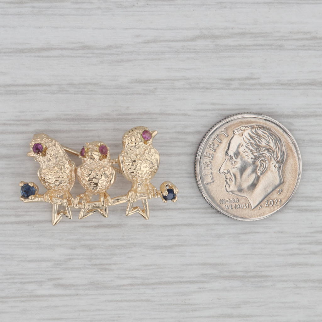 Gray Birds on a Branch Brooch 14k Gold 0.24ctw Ruby Sapphire Pin