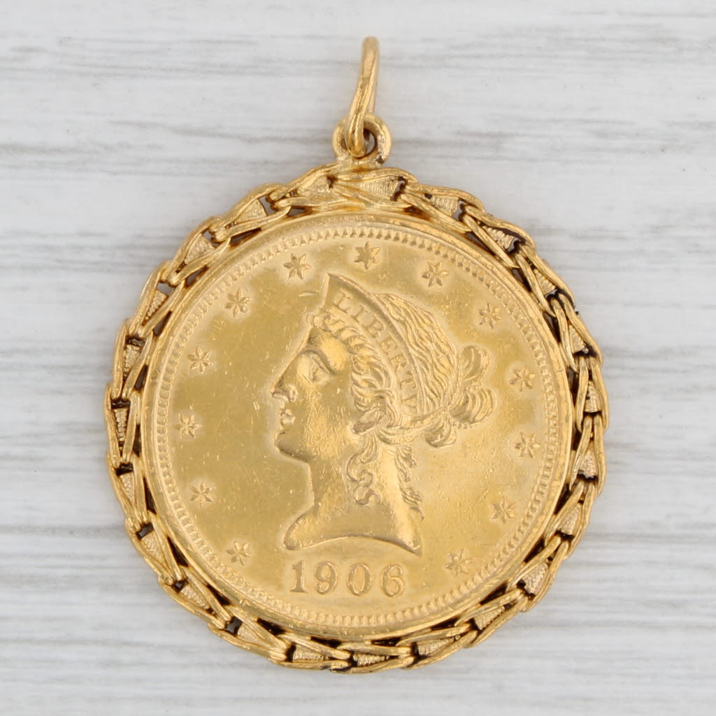 Gray Authentic 1906 Liberty Coin Pendant 900 Coin 22k Bezel 10 Dollar Medallion Charm