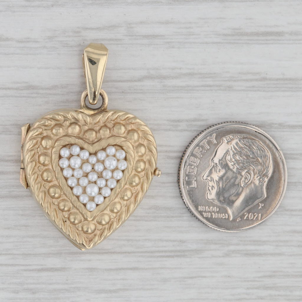 Gray Vintage Cultured Pearl Cluster Heart Picture Locket Pendant 14k Gold Engravable