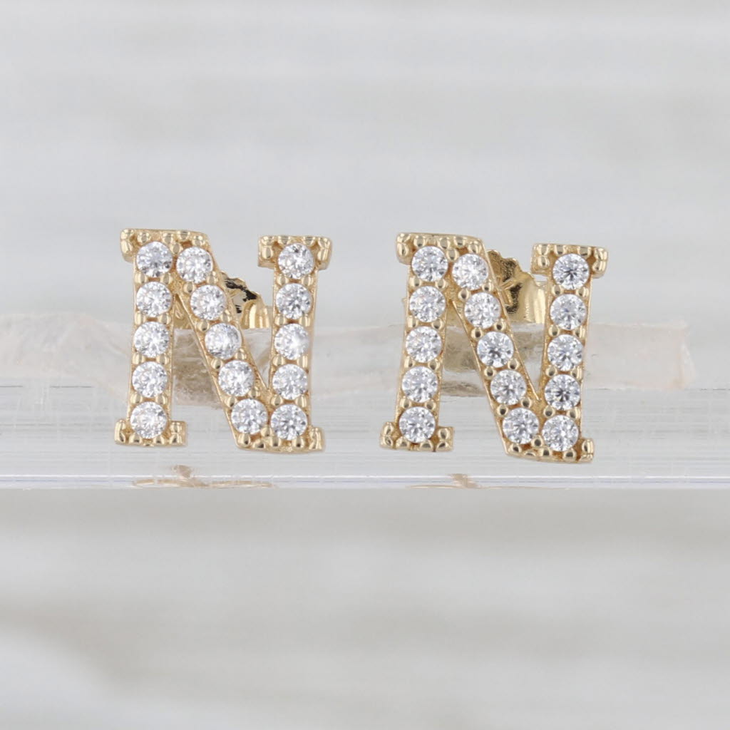 0.21ctw Cubic Zirconia Letter Initial N Stud Earrings 10k Yellow Gold Studs