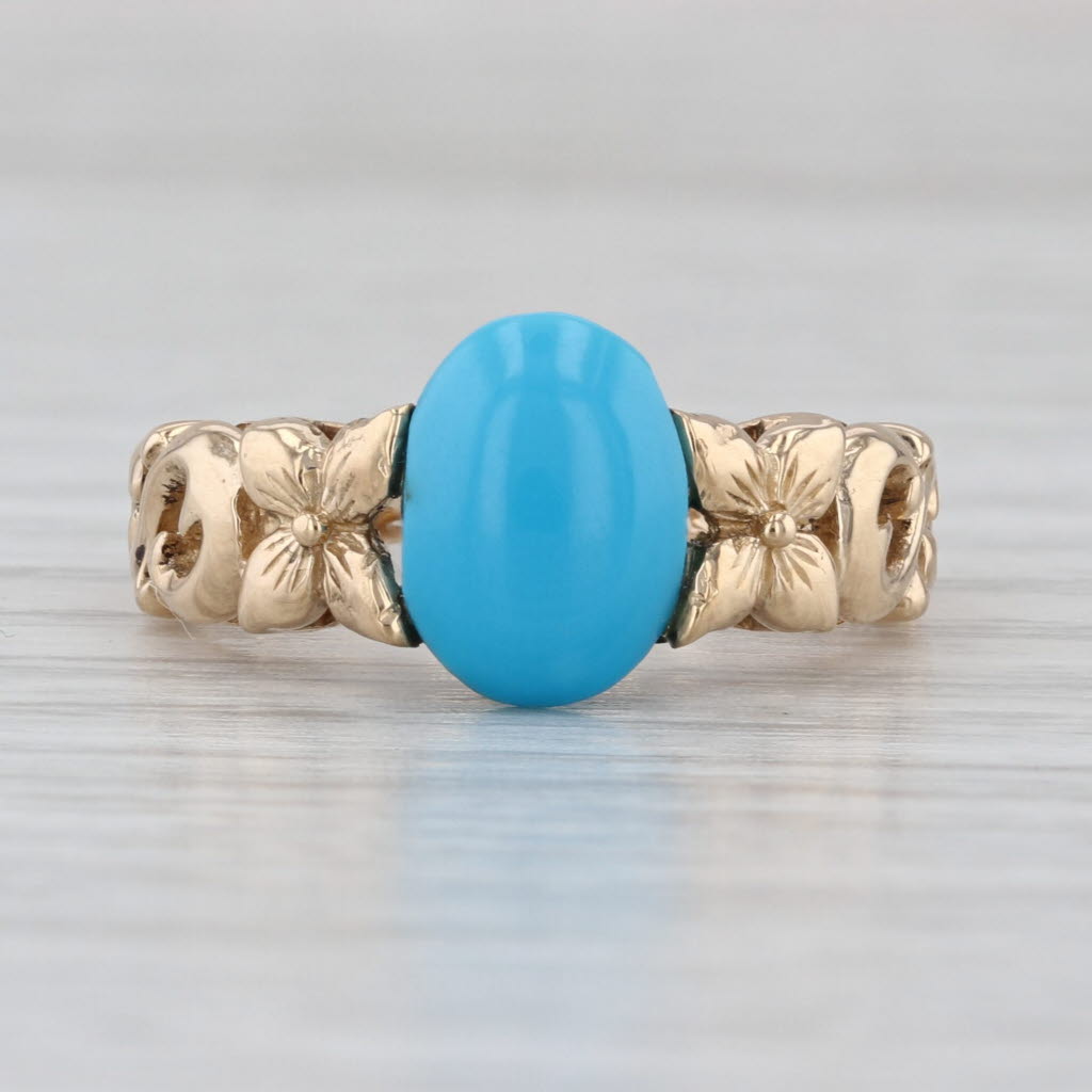 Oval Cabochon Turquoise Ring 14k Yellow Gold Ornate Floral Size 7