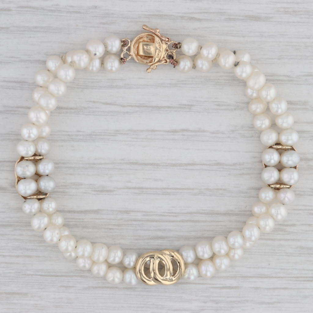Gray Cultured Pearl Double Strand Bracelet 14k Yellow Gold Knot Accents 7.25"