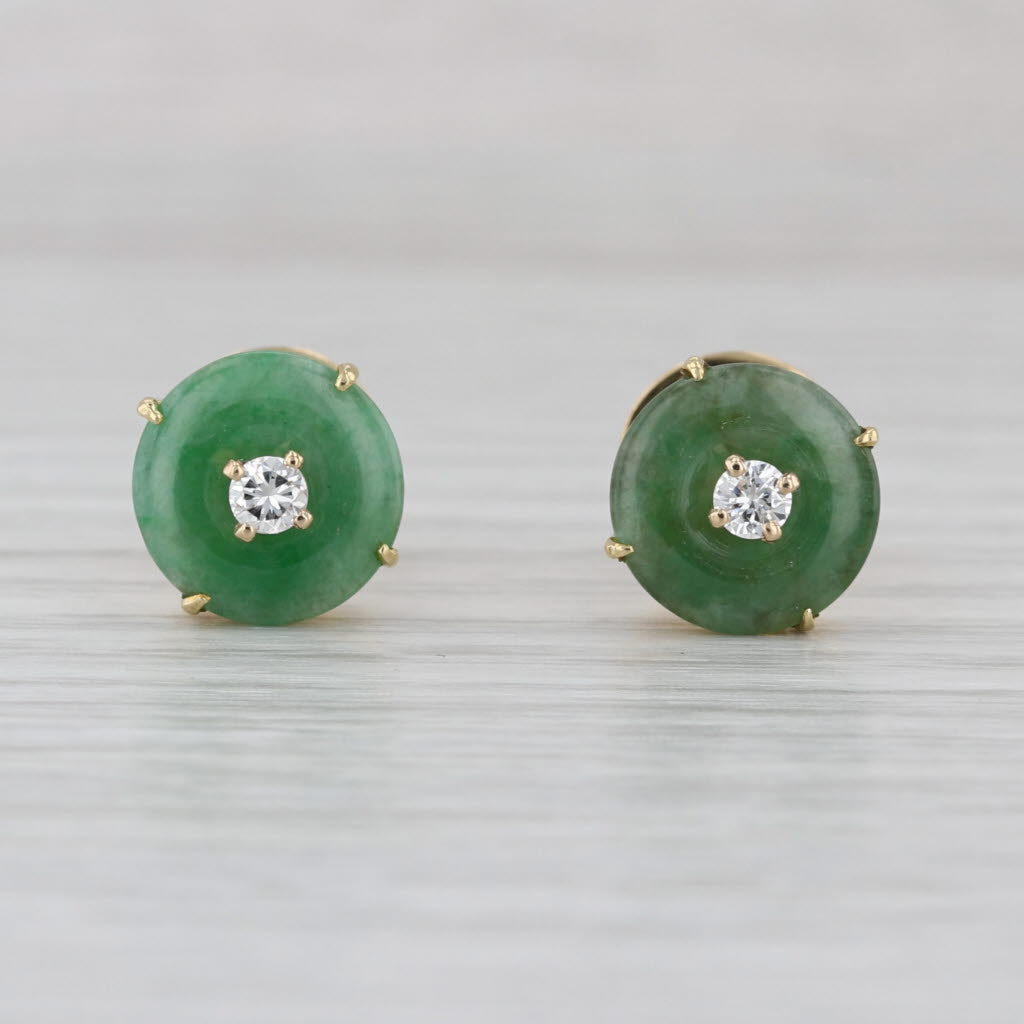 Green Jadeite Jade Diamond Stud Earrings 18k Yellow Gold Round Studs