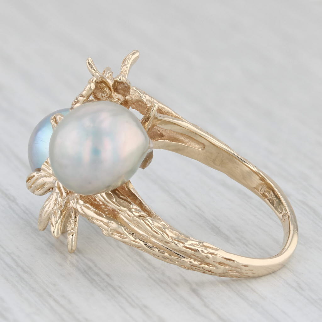 Light Gray Gray Baroque Pearl Sapphire Flower Ring 14k Yellow Gold Size 7.25 Cocktail