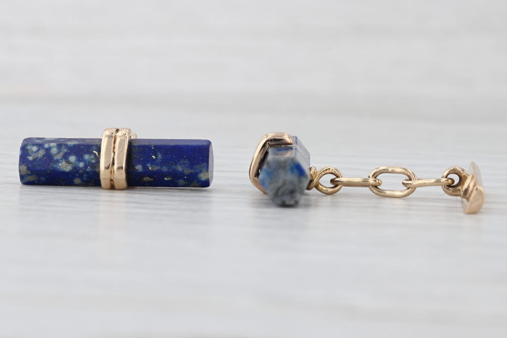 Vintage Lapis Lazuli Cufflinks 14k Yellow Gold Blue Stone Bar Men's Accessory