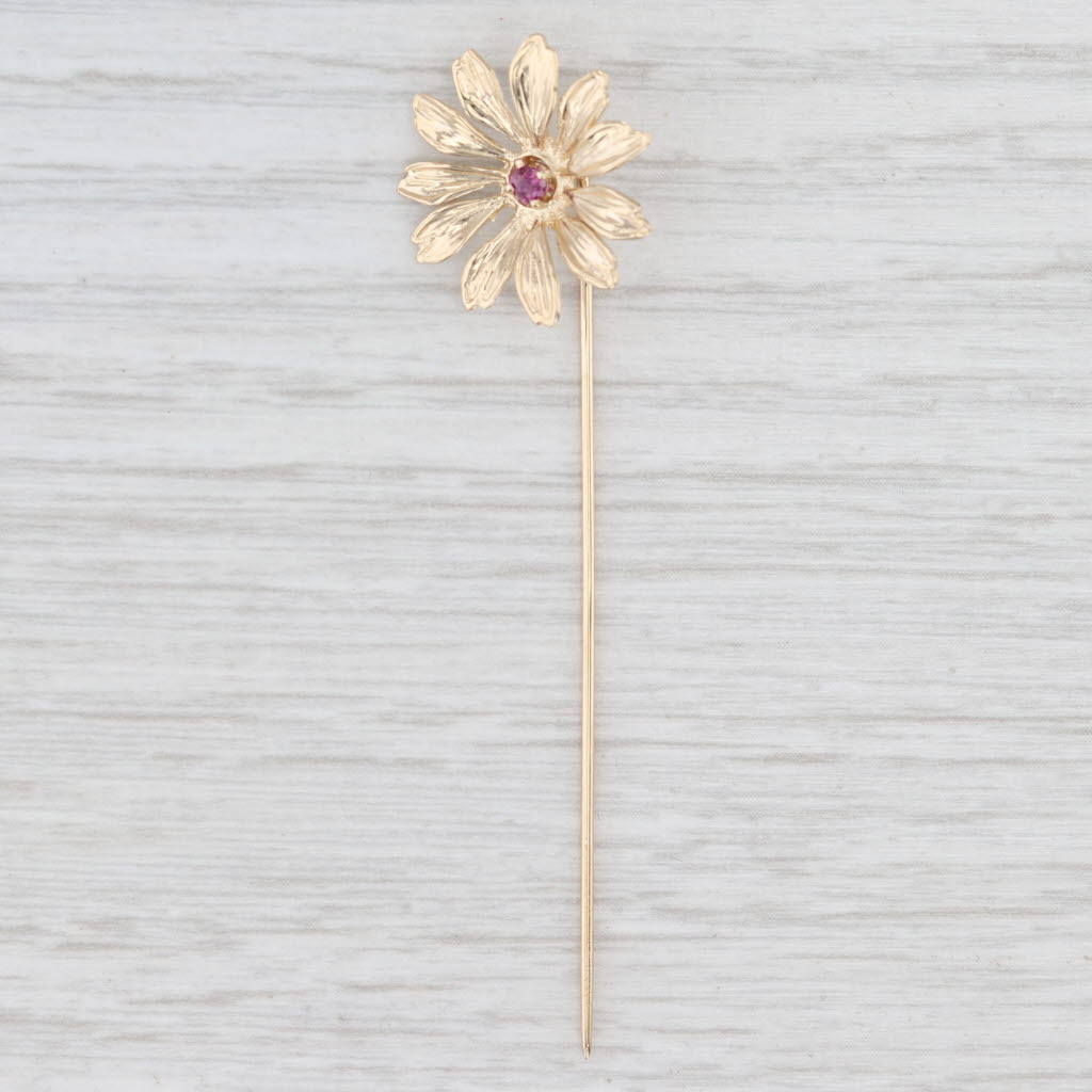 Light Gray Ruby Flower Stickpin 14k Yellow Gold Vintage Floral Pin
