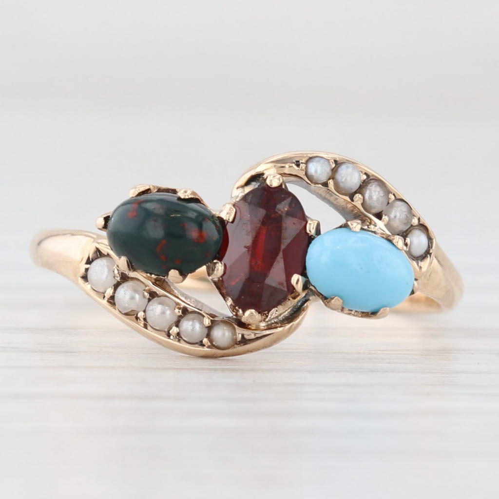 Light Gray Victorian Pearl Bloodstone Garnet Bypass Ring 10k Yellow Gold Size 6.75