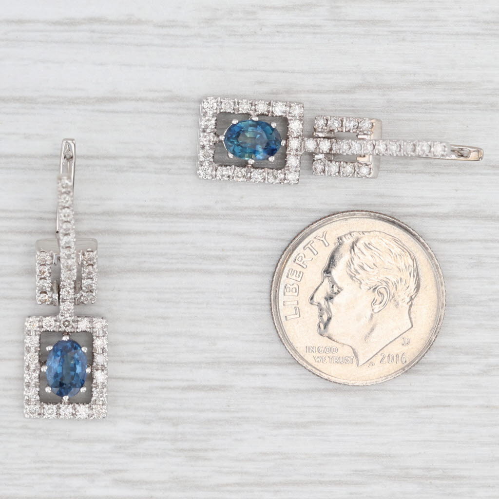 Light Gray 1.82ctw Blue Sapphire Diamond Halo Drop Earrings 14k White Gold
