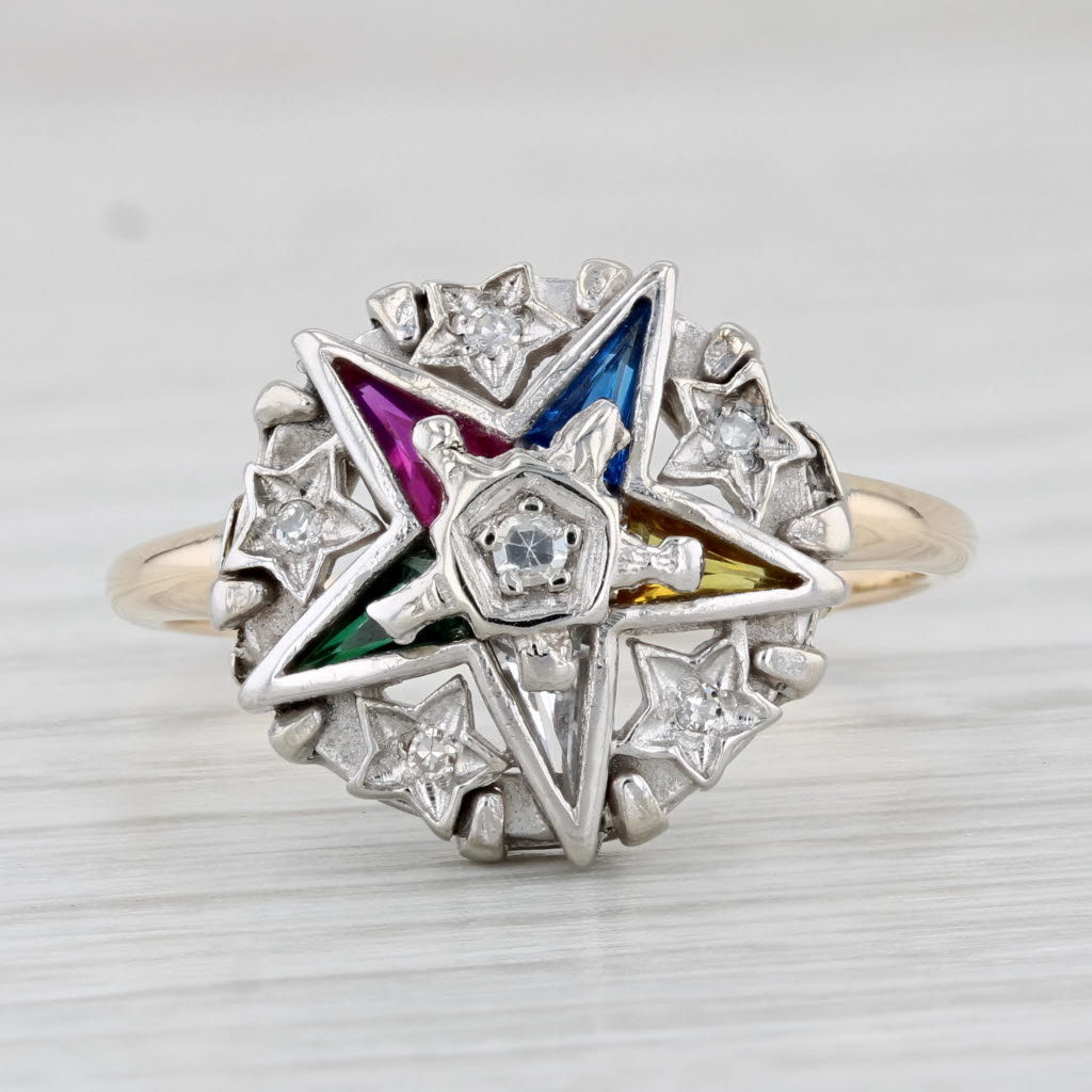 Light Gray Order Eastern Star Ring 14k Gold OES Masonic Signet Diamond Lab Created Gemstone