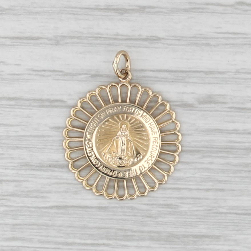 Miraculous Medal Pendant 14k Yellow Gold Catholic Religious Virgin Mother Mary