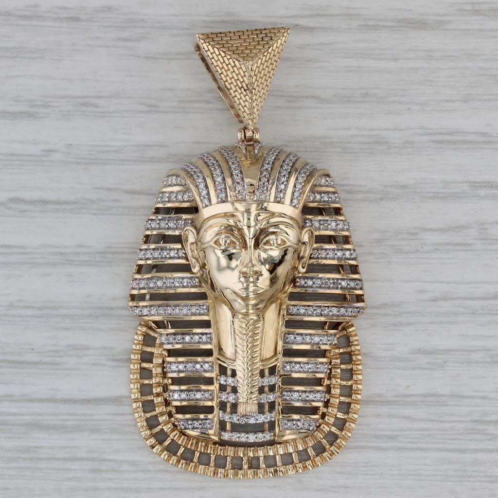 Dark Gray 0.55ctw Diamond Egyptian Pharaoh Pendant 10k Yellow Gold Statement