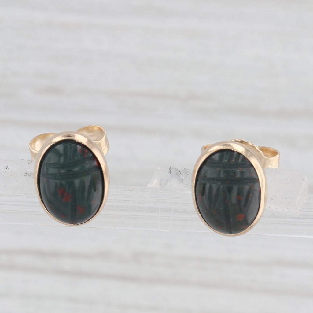 Light Gray Carved Scarab Bloodstone Stud Earrings 14k Yellow Gold Green Stone Cabochon