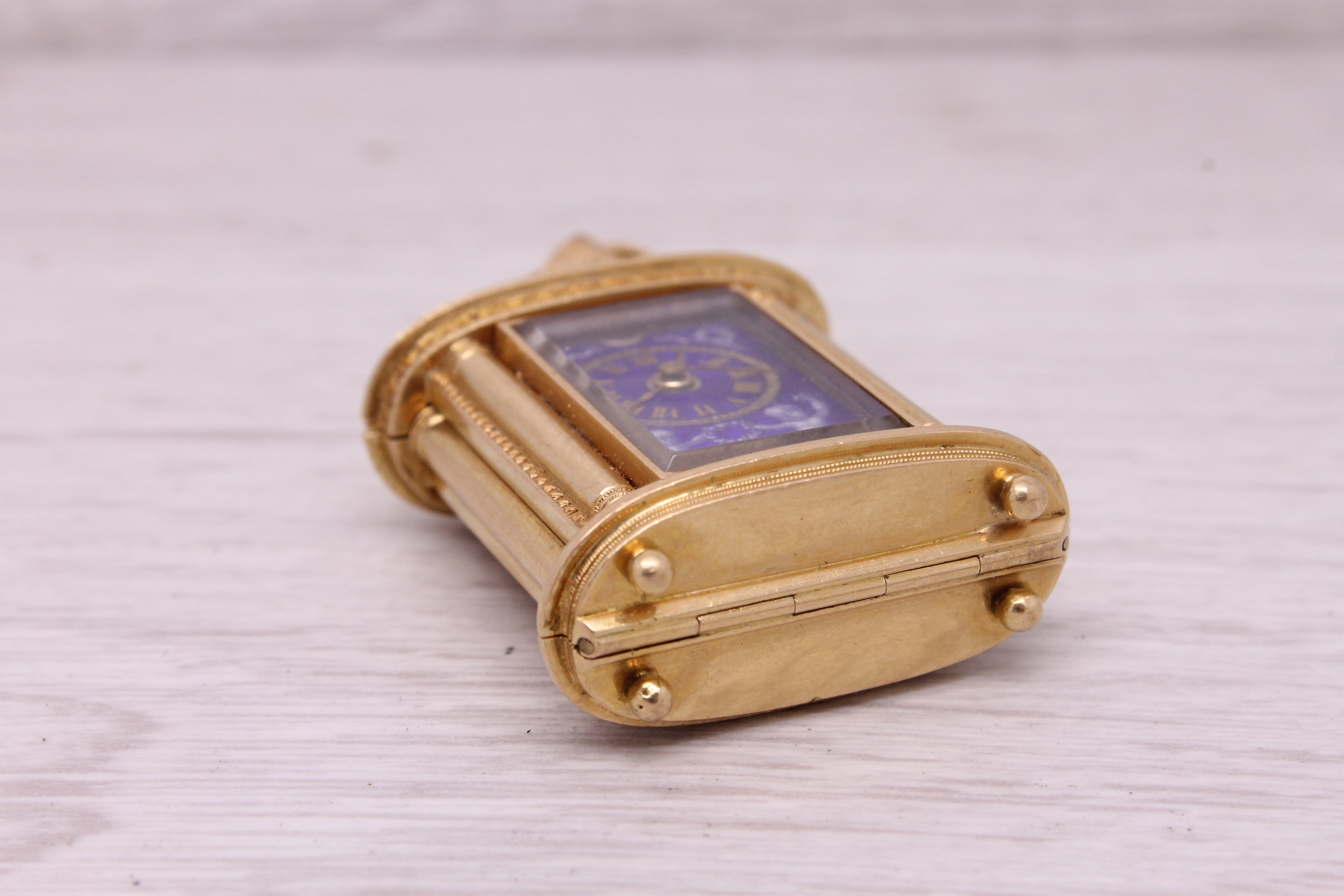 Antique c.1860 18k Gold Miniature Keywind Case Clock Pendant Blue Enamel Dial
