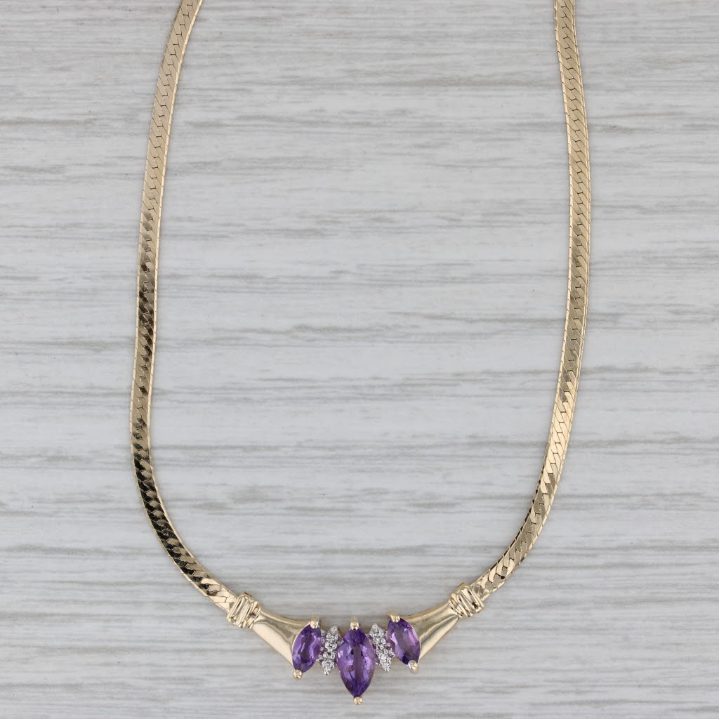 Gray 0.96ctw Amethyst Diamond V Necklace 14k Yellow Gold 16" Herringbone Chain