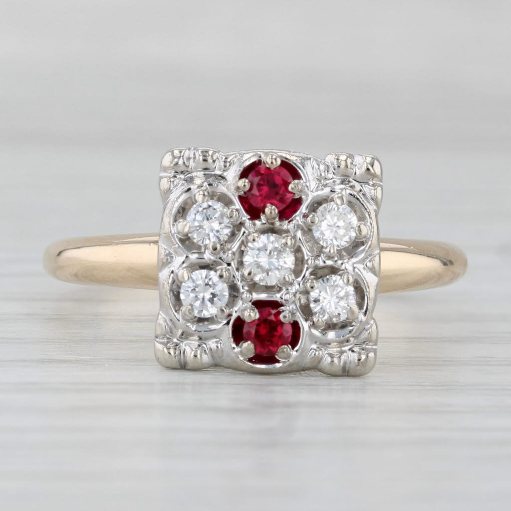 Light Gray Vintage Lab Created Ruby Diamond Cluster Ring 14k Yellow White Gold Size 10