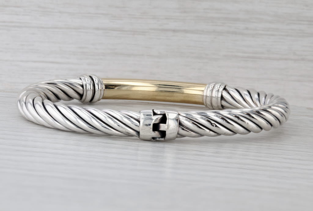 Cable Bangle Bracelet Sterling Silver 18k Gold 7.5" 7.4mm Hinged Snap Clasp