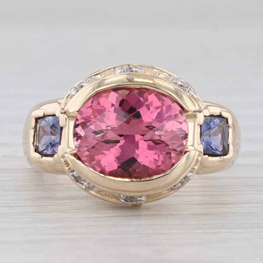 Light Gray 6.50ctw Pink Tourmaline Iolite Diamond Ring 14k Yellow Gold Size 9