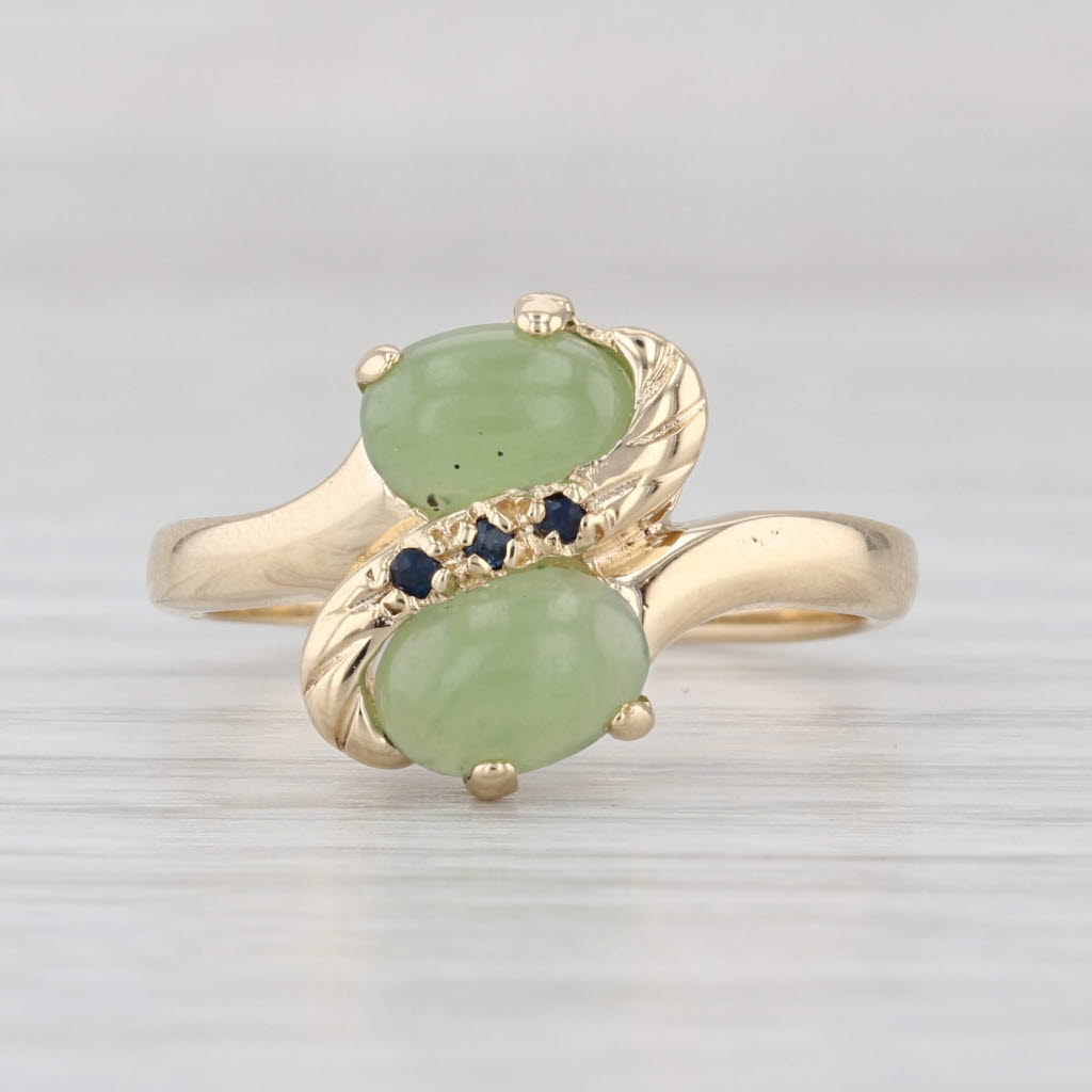 Green Nephrite Jade Sapphire Bypass Ring 14k Yellow Gold Size 7.25