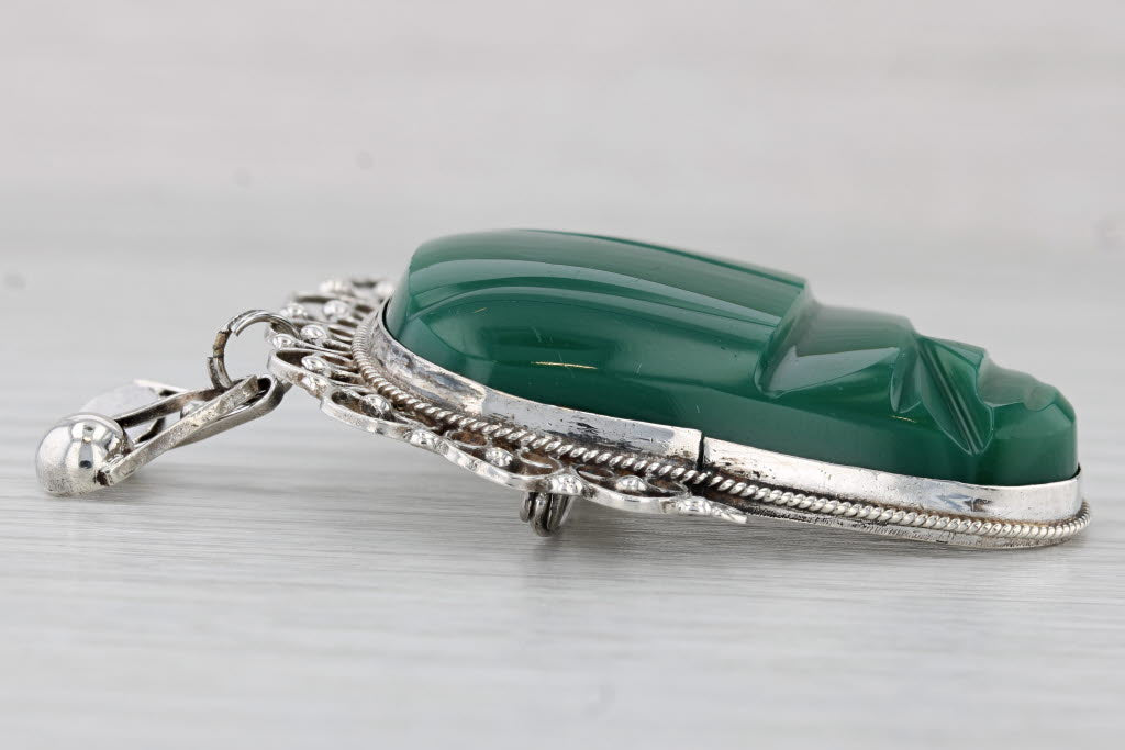 Green Glass Carved Tribal Face Brooch Pendant Sterling Silver Vintage Mexico