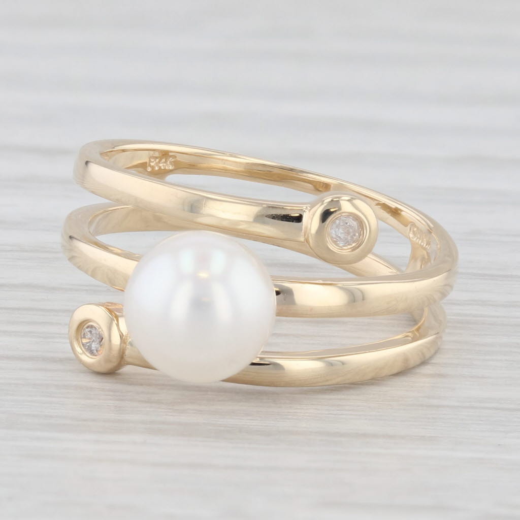 Light Gray Cultured Pearl Diamond Bypass Ring 14k Yellow Gold Size 6