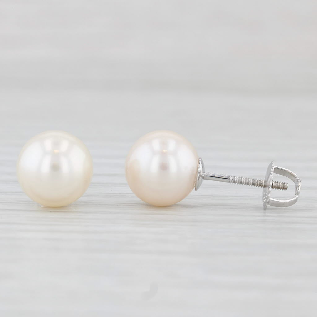 Light Gray Cultured Pearl Solitaire Stud Earrings 14k White Gold 9.1mm Round Beads