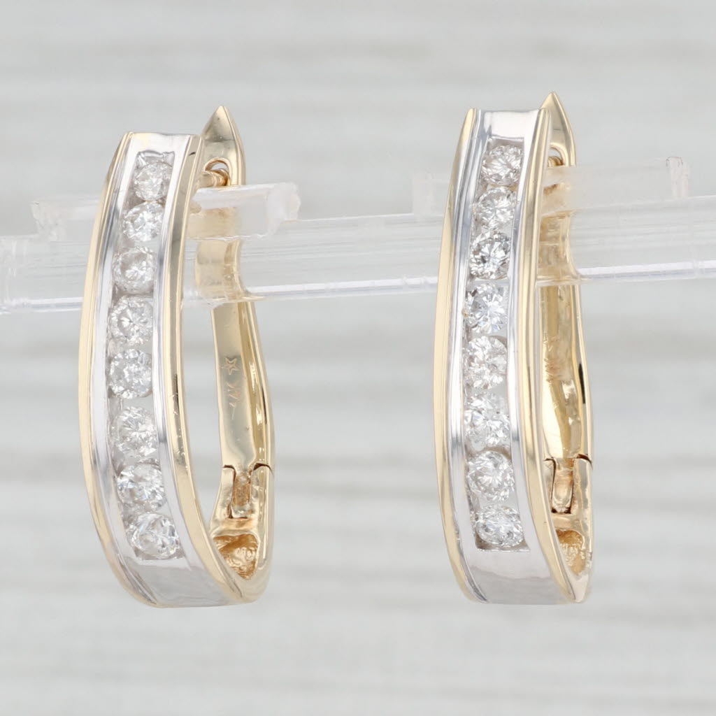 Light Gray 0.70ctw Diamond J-Hoop Hoop Earrings 14k Yellow Gold Snap Top Pierced