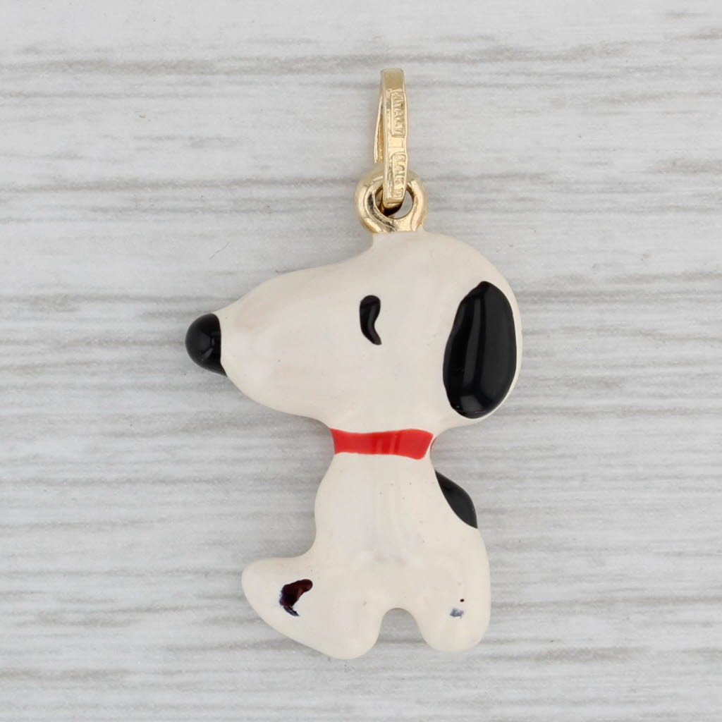 Gray Vintage Enamel Snoopy Pendant 14k Yellow Gold Enamel Peanuts Cartoon Dog