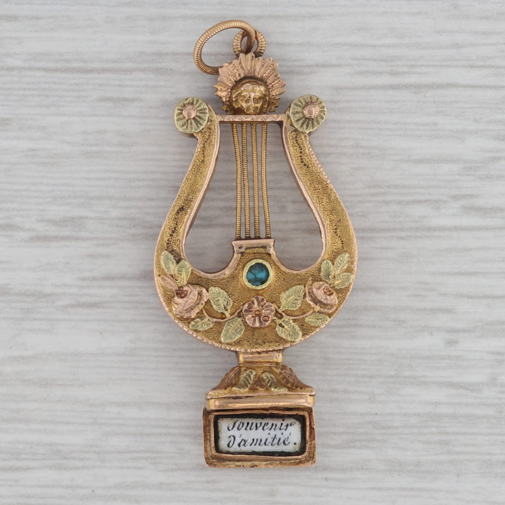 Gray Antique Lyre Figurine Charm 16-17k Gold Turquoise Pendant 1800s Floral D'amitie