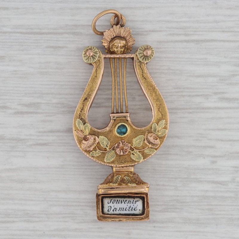 Antique Lyre Figurine Charm 16-17k Gold Turquoise Pendant 1800s Floral D'amitie