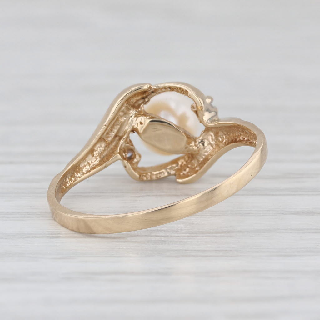 Cultured Pearl Solitaire Ring 10k Yellow Gold Size 7.25 Diamond Accent