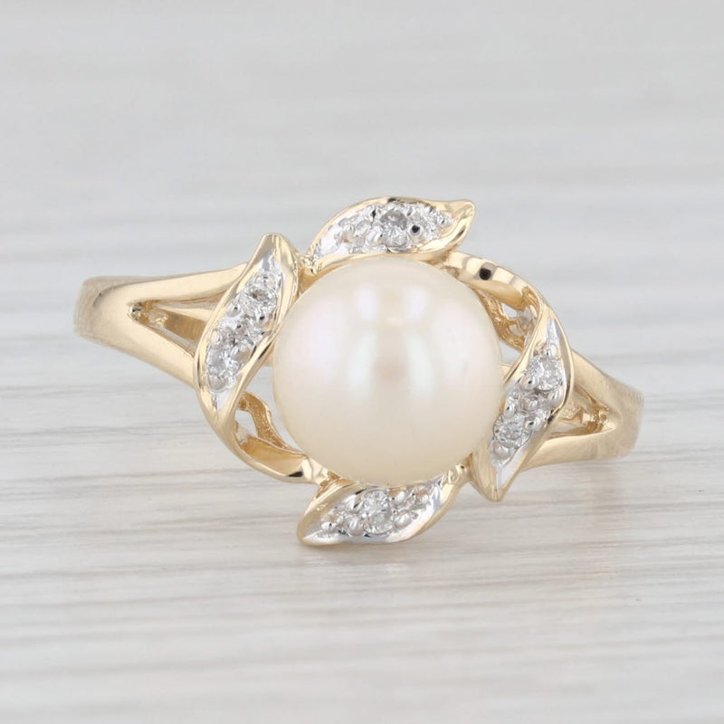 Cultured Pearl Diamond Ring 14k Yellow Gold Size 6.75