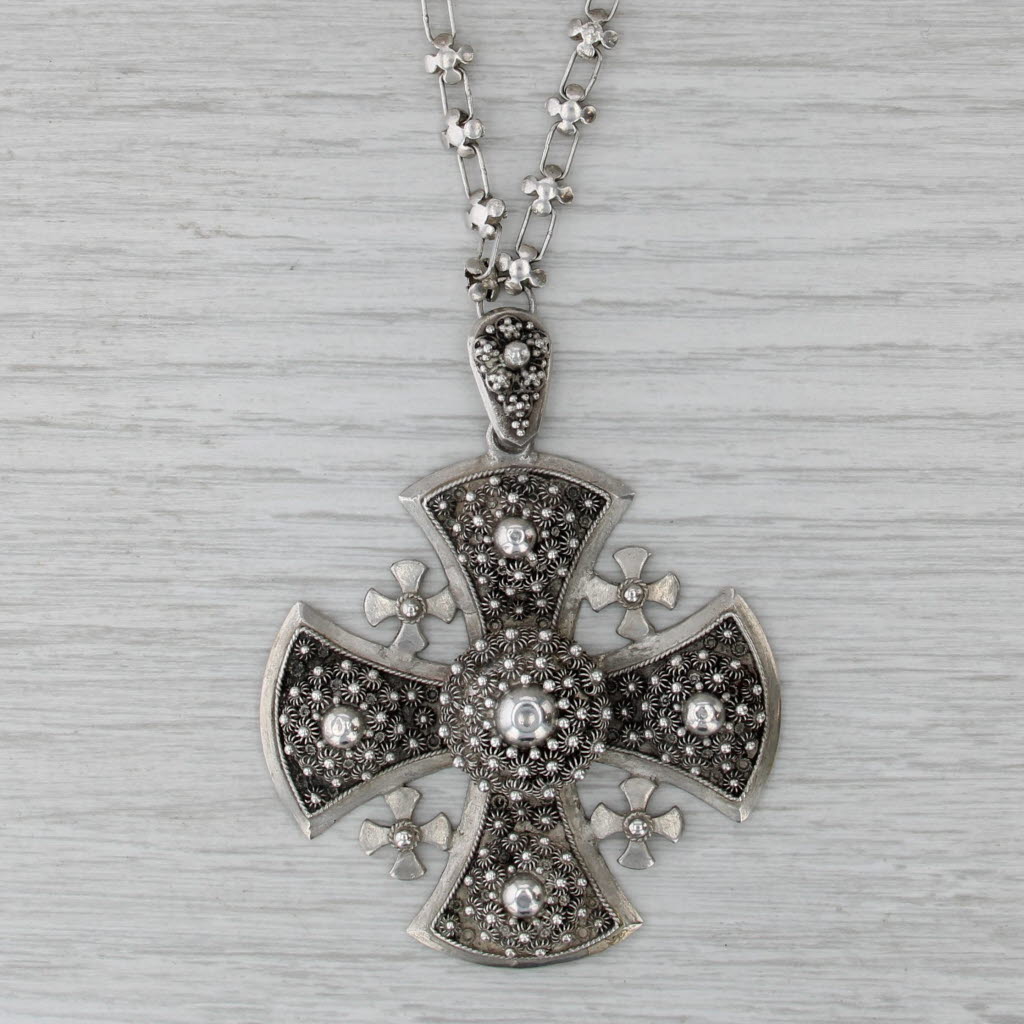 Vintage Large Jerusalem Cross Pendant Necklace Sterling Silver 17"