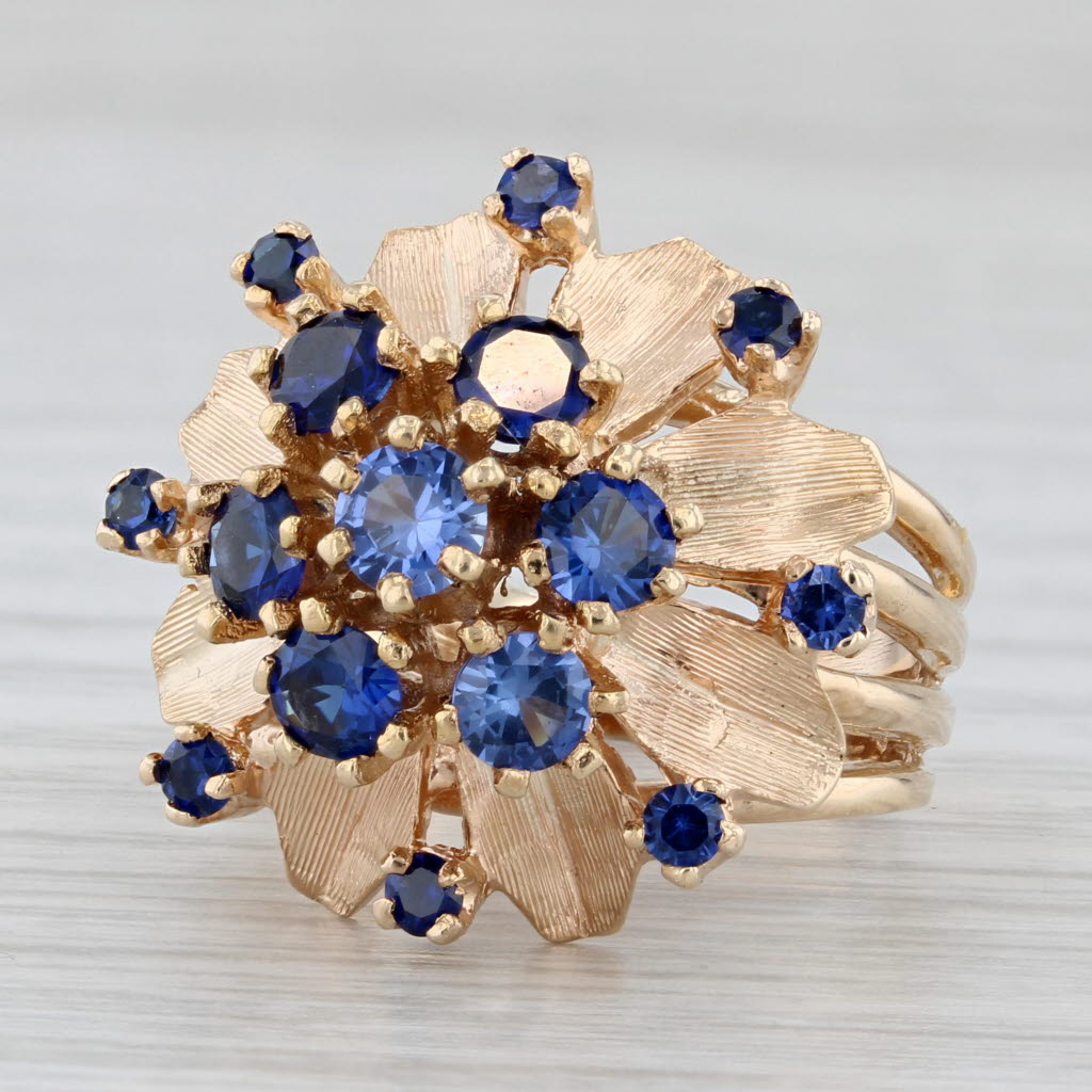 Gray Lab Created Blue Sapphire Flower Cluster Ring 14k Yellow Gold Cocktail Size 7.5