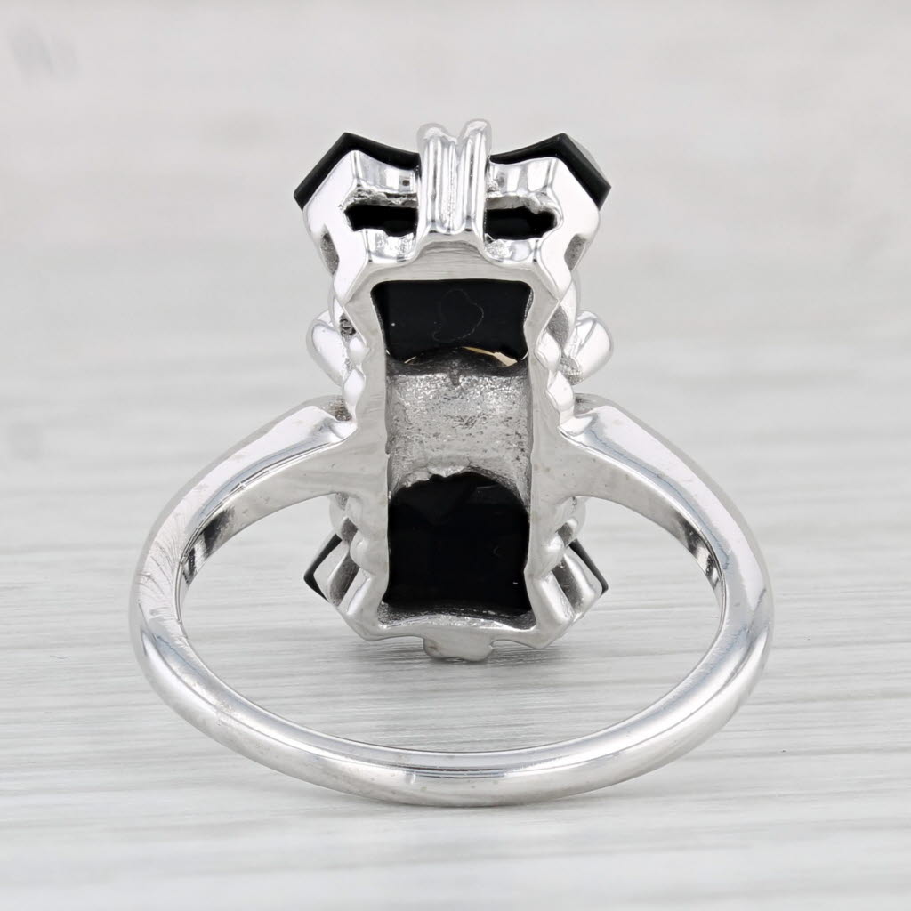 Light Gray Vintage Onyx Cultured Pearl Ring 10k White Gold Size 6.5