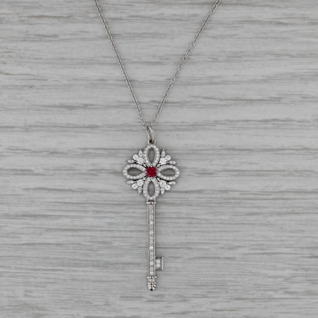 Tiffany Victoria 0.41ctw Diamond Ruby Key Pendant Necklace w/ Box Pouch 18k Gold