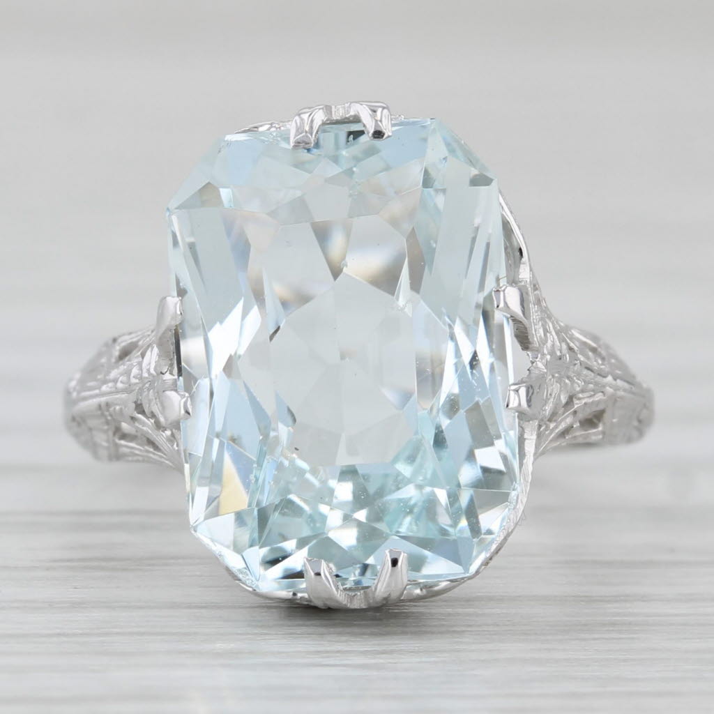 Light Gray Art Deco 6.05ct Aquamarine Solitaire Ring 14k White Gold Filigree Size 4