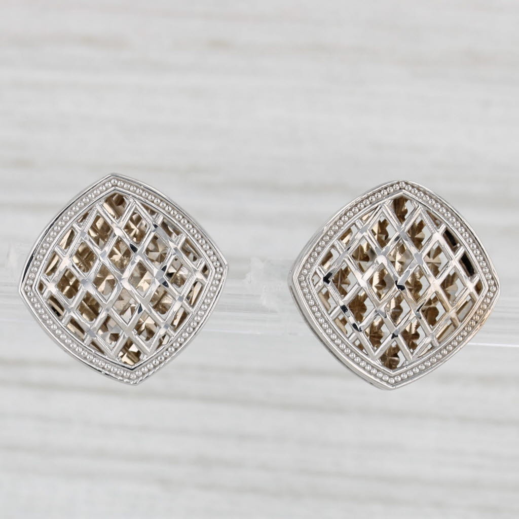 Light Gray Lattice Work Stud Earrings 14k White Gold Square Studs