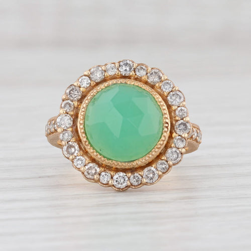 New Nina Wynn Green Chrysoprase Diamond Halo Ring 18k Gold Size 7