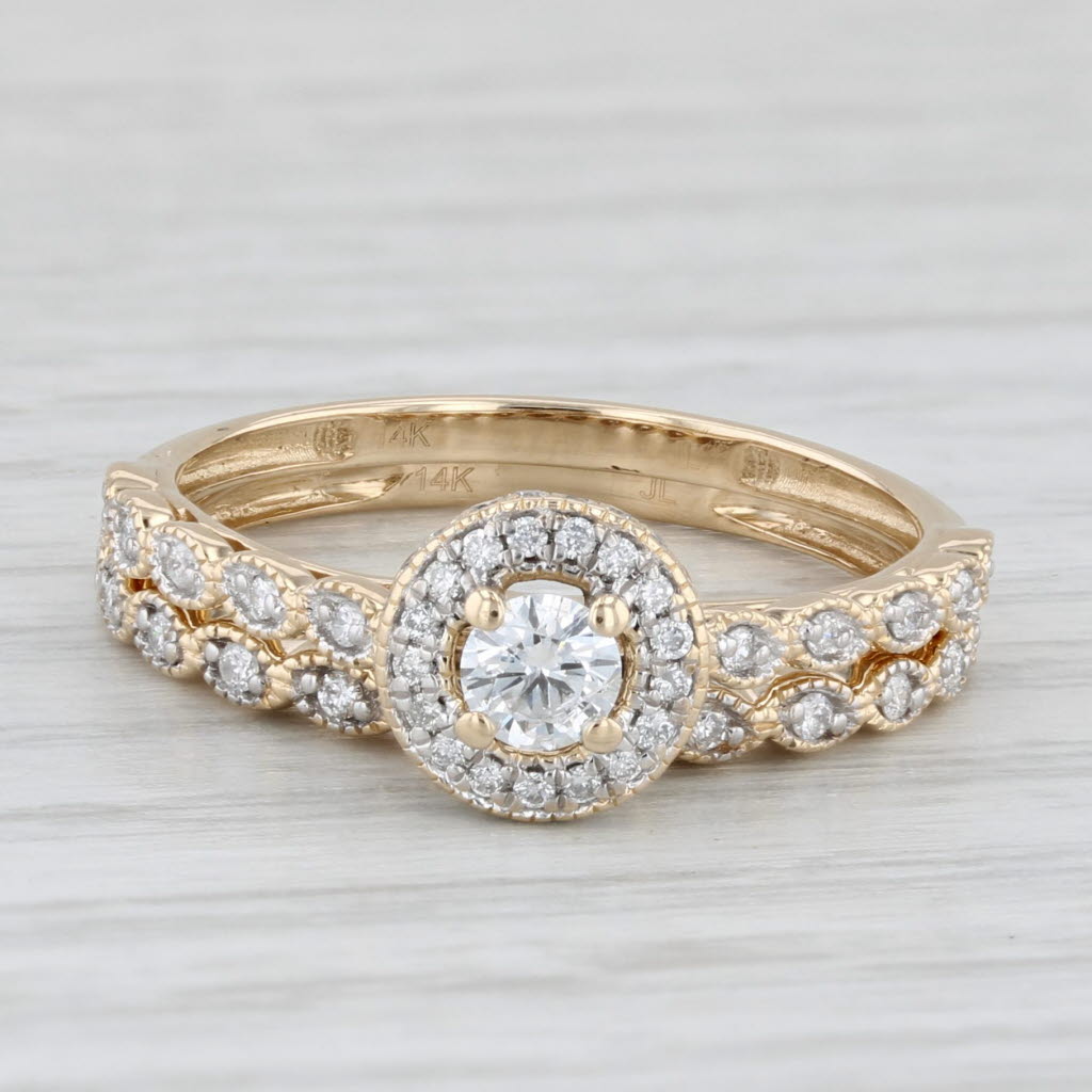 Light Gray 0.36ctw Round Diamond Halo Engagement Ring Bridal Set 14k Yellow Gold Size 7.25