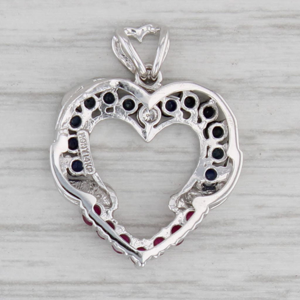 Gray 0.72ctw Blue Sapphire Red Ruby Open Heart Pendant 14k White Gold