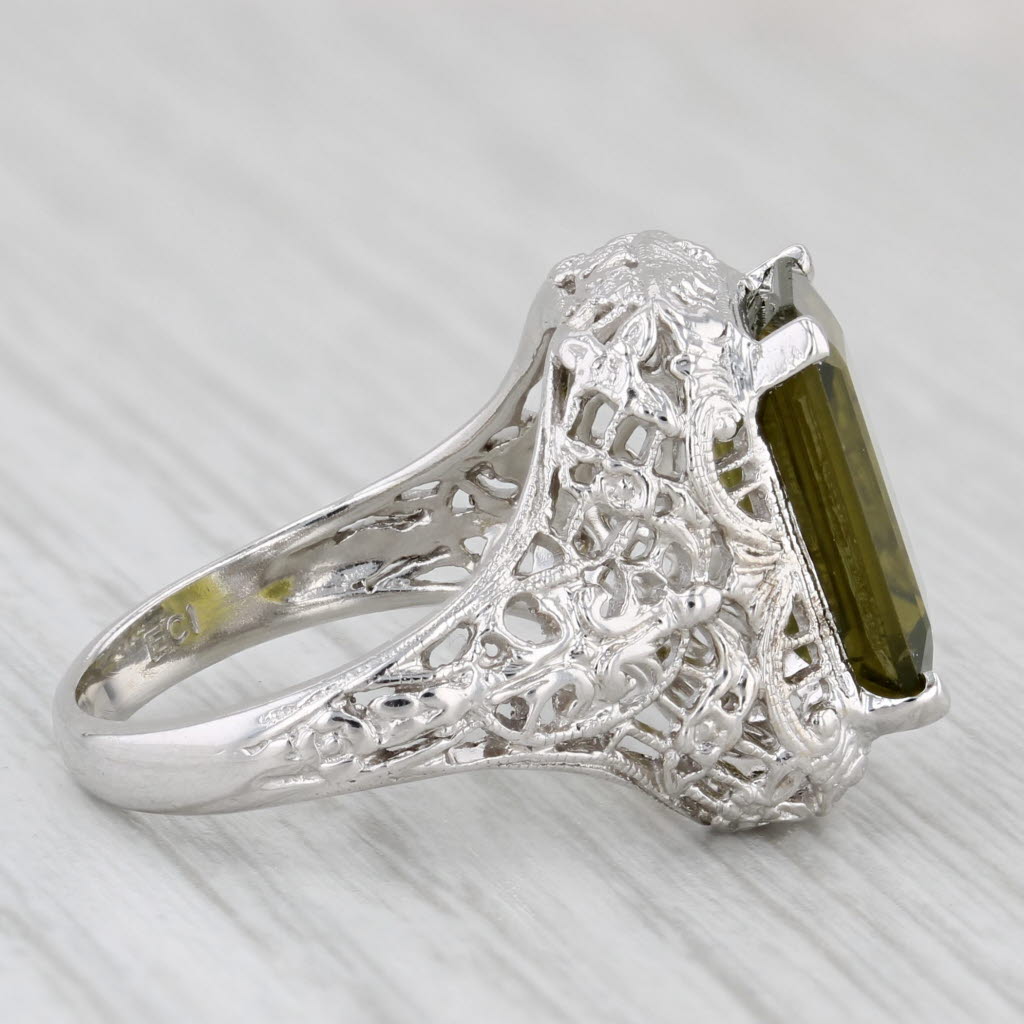 Light Gray 4.40ct Green Tourmaline Solitaire Ring 14k White Gold Filigree Size 5.5