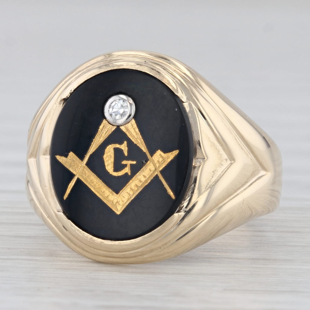 Light Gray Vintage Gold Gilt Masonic Signet Ring 10k Diamond Onyx Blue Lodge Square Compass