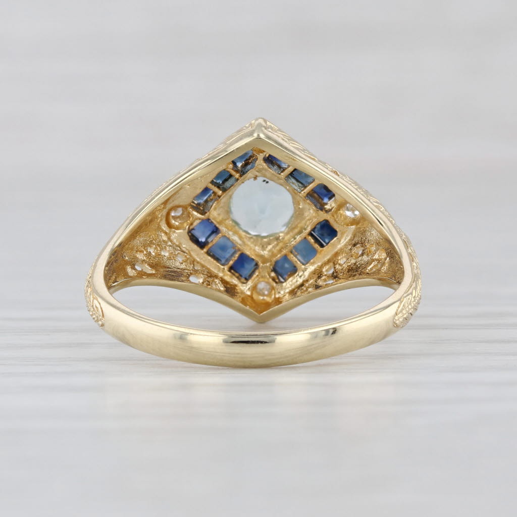 0.90ctw Aquamarine Sapphire Diamond Floral Filigree Ring 14k Yellow Gold Sz 8.25