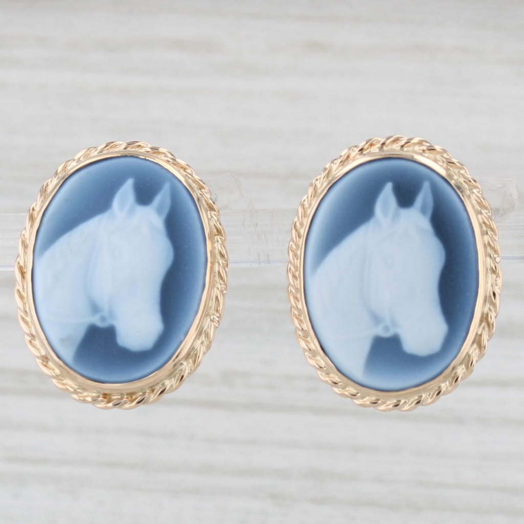 Light Gray New Black White Chalcedony Carved Horse Cameo Earrings 14k Yellow Gold