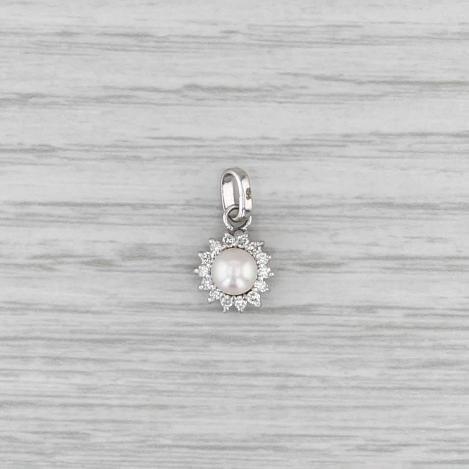 Small 5.1mm Cultured Pearl 0.16ctw Diamond Halo Pendant 14k White Gold