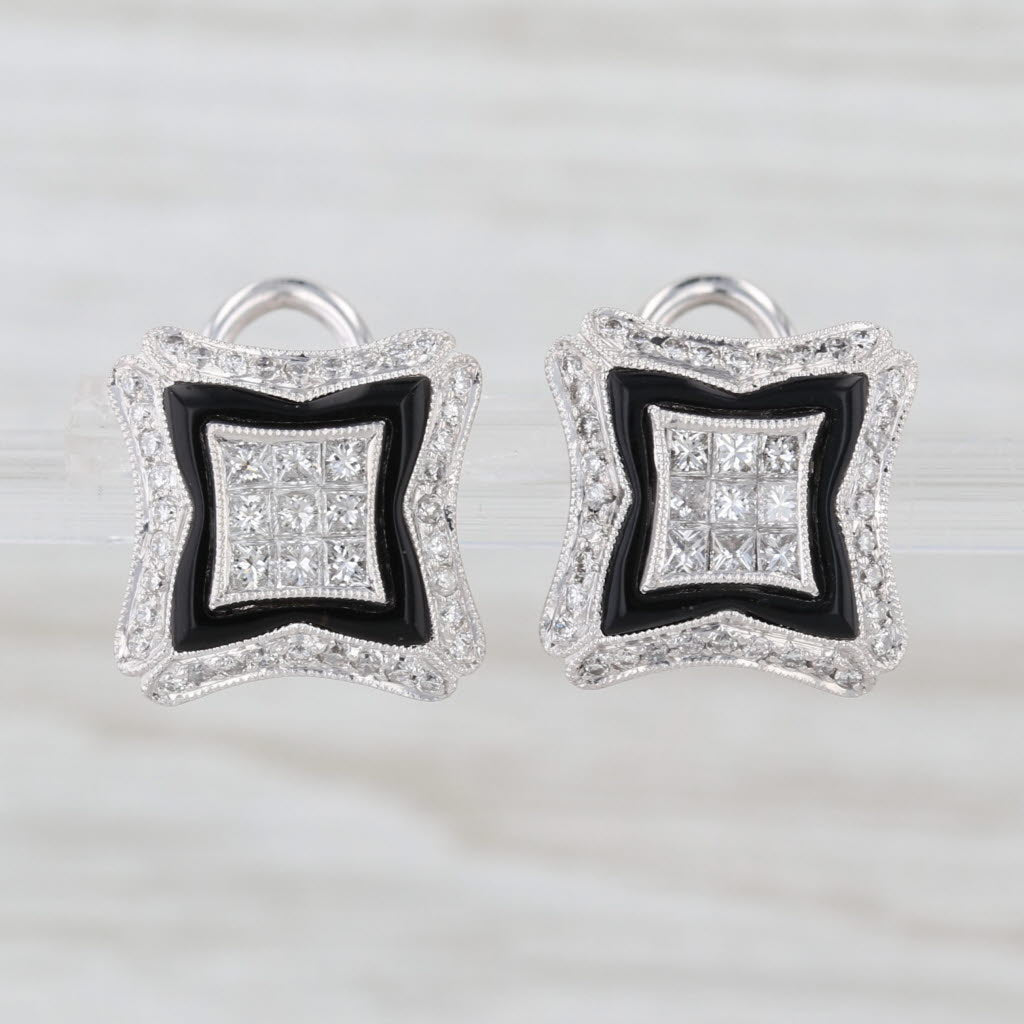 0.63ctw Diamond Onyx Halo Stud Earrings 18k White Gold Pierced Omega Backs