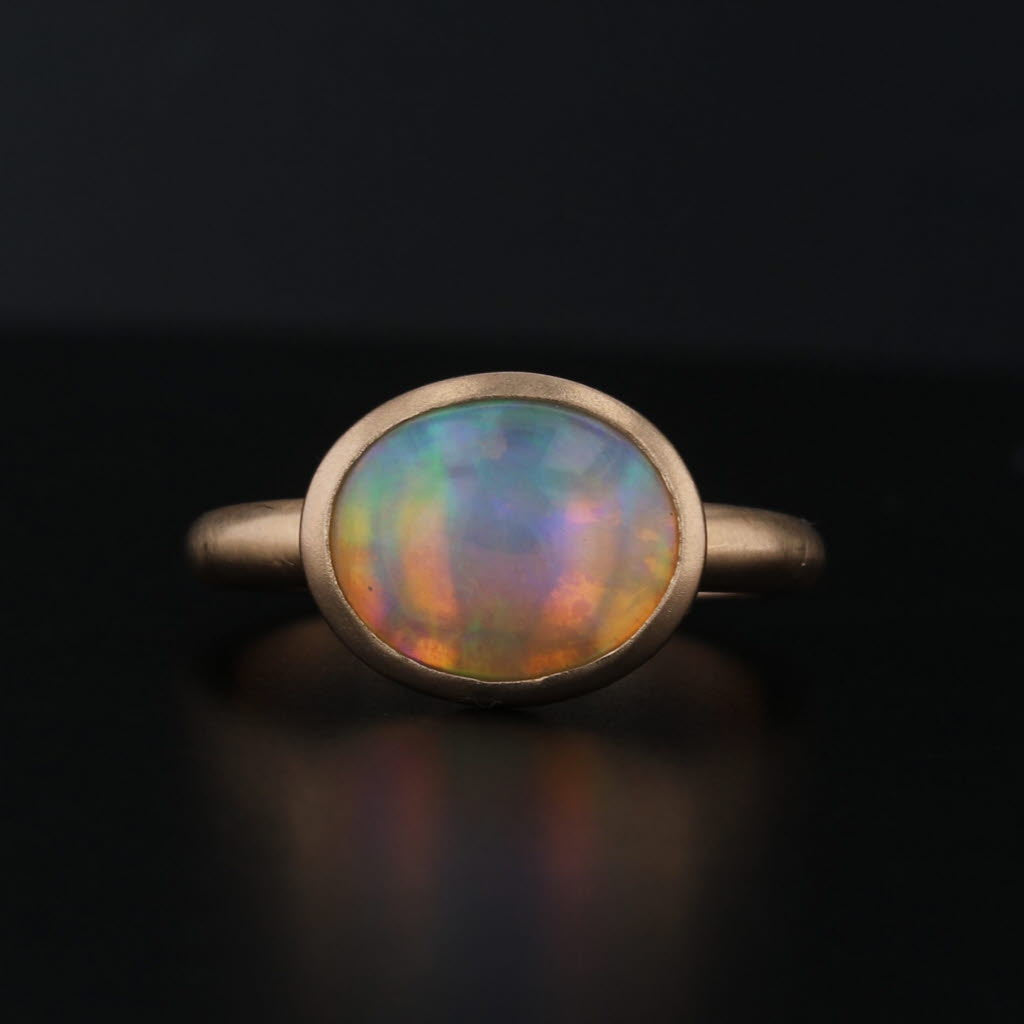Vintage Opal Solitaire Ring 18k Rose Gold Size 6.75 Colorful Oval Cabochon